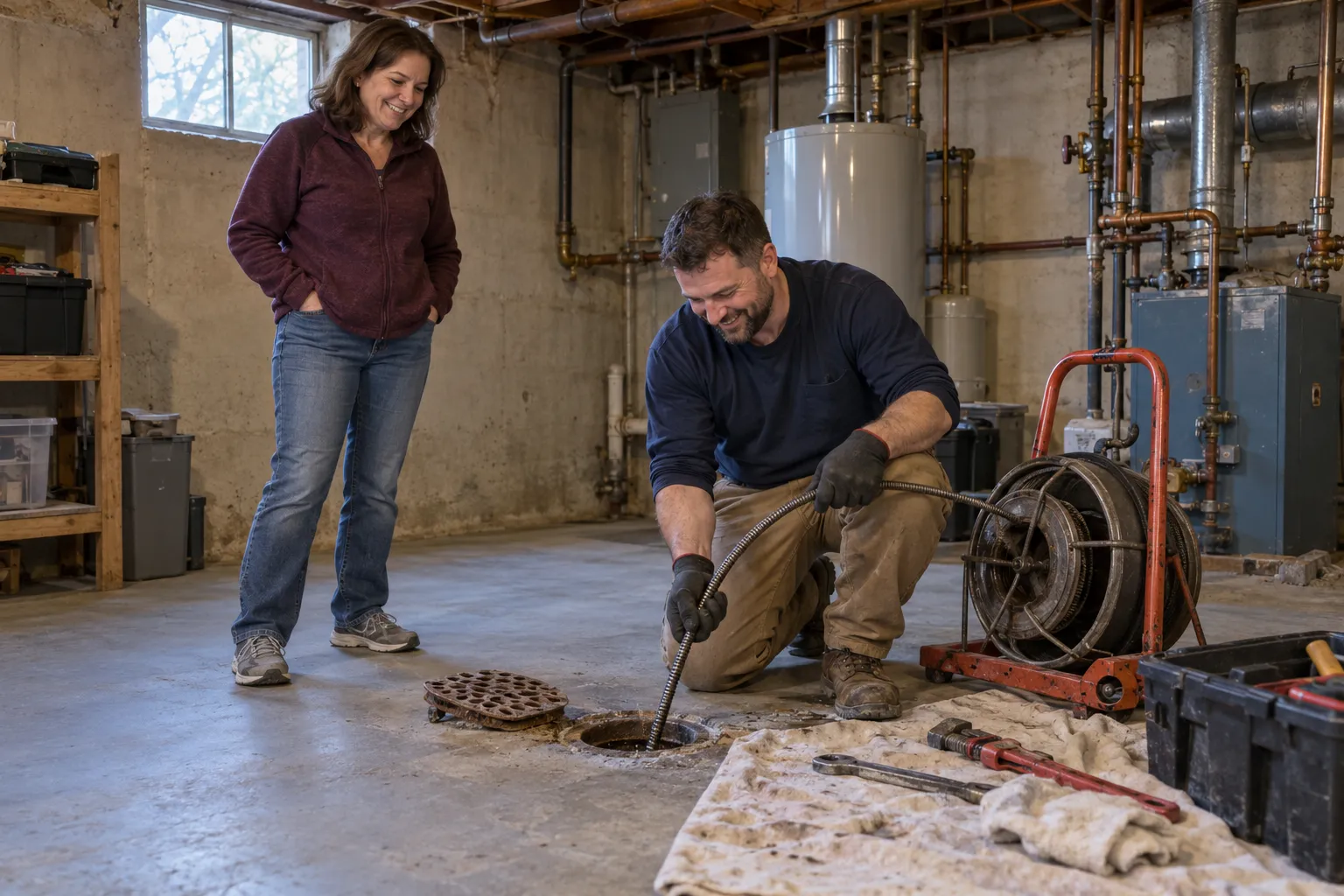 A friendly local plumber clearing a kitchen drain for a homeowner in a West Leechburg home
