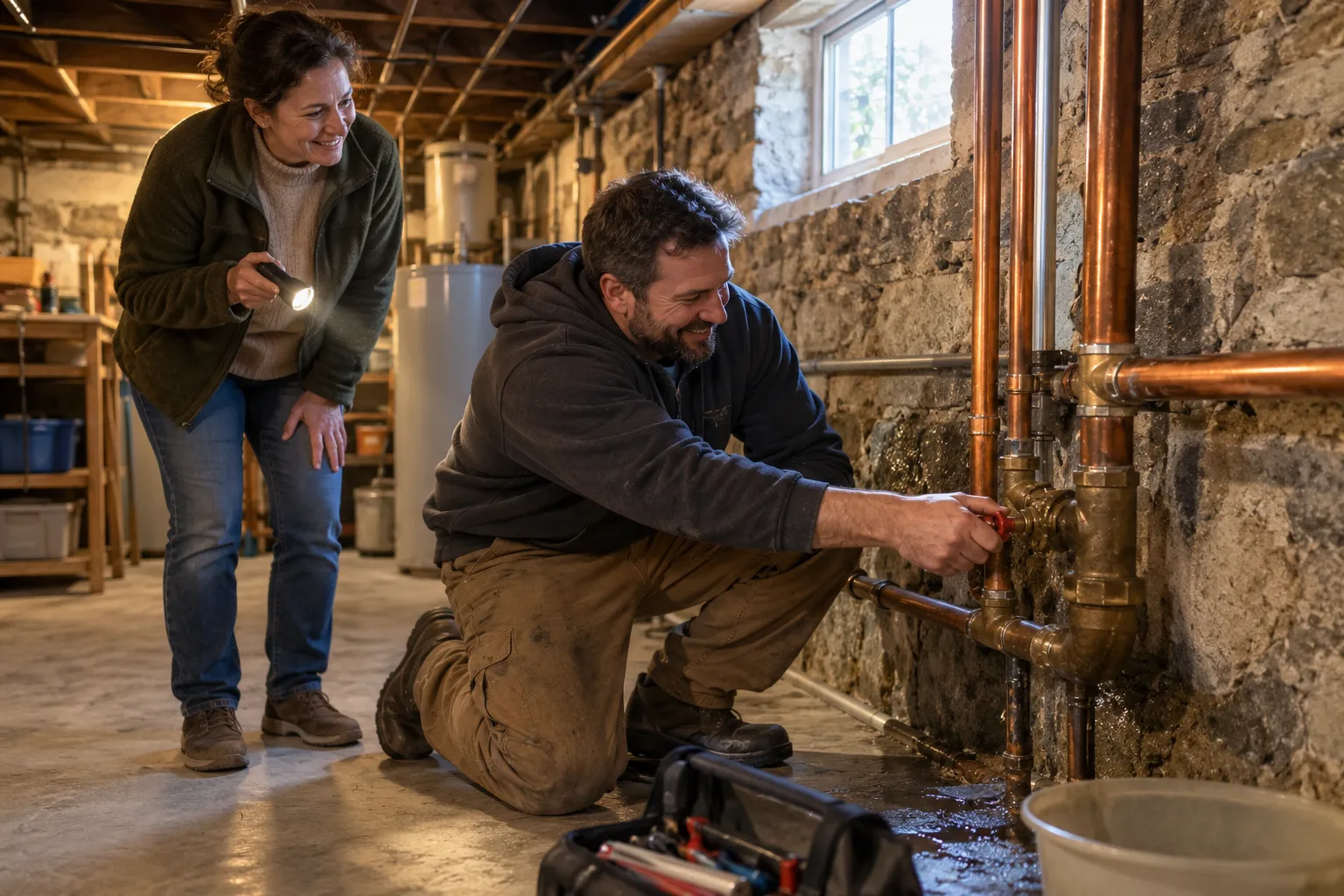 Friendly plumber checking a pipe under a basement ceiling in a West Leechburg home