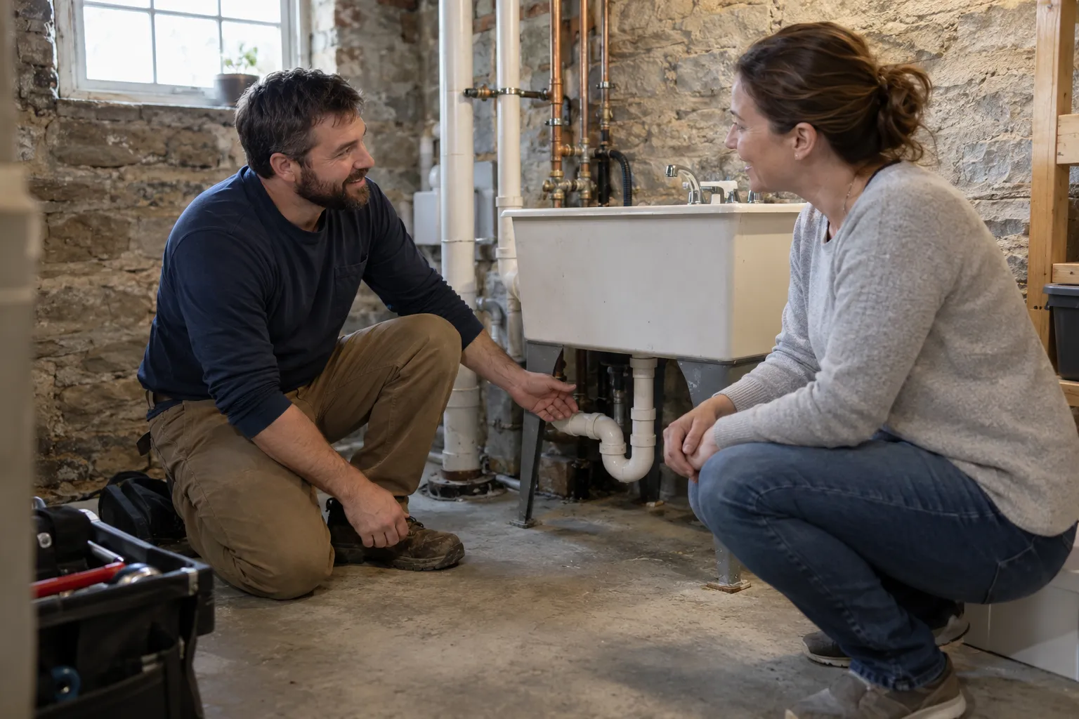 A homeowner in West Leechburg talking with a local plumbing provider in a basement