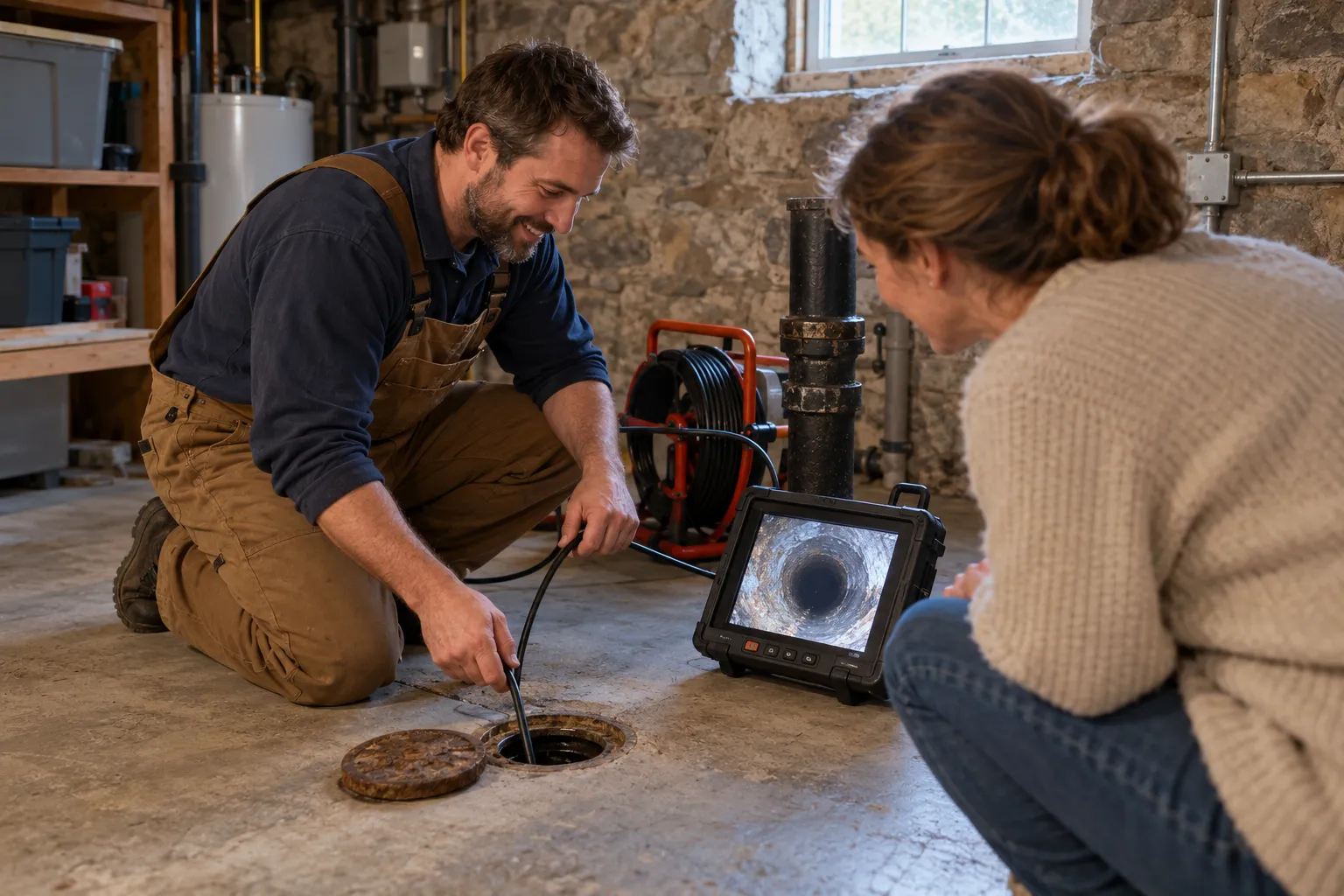 A friendly local plumber with a camera inspection screen checking a home sewer line in the West Leechburg area